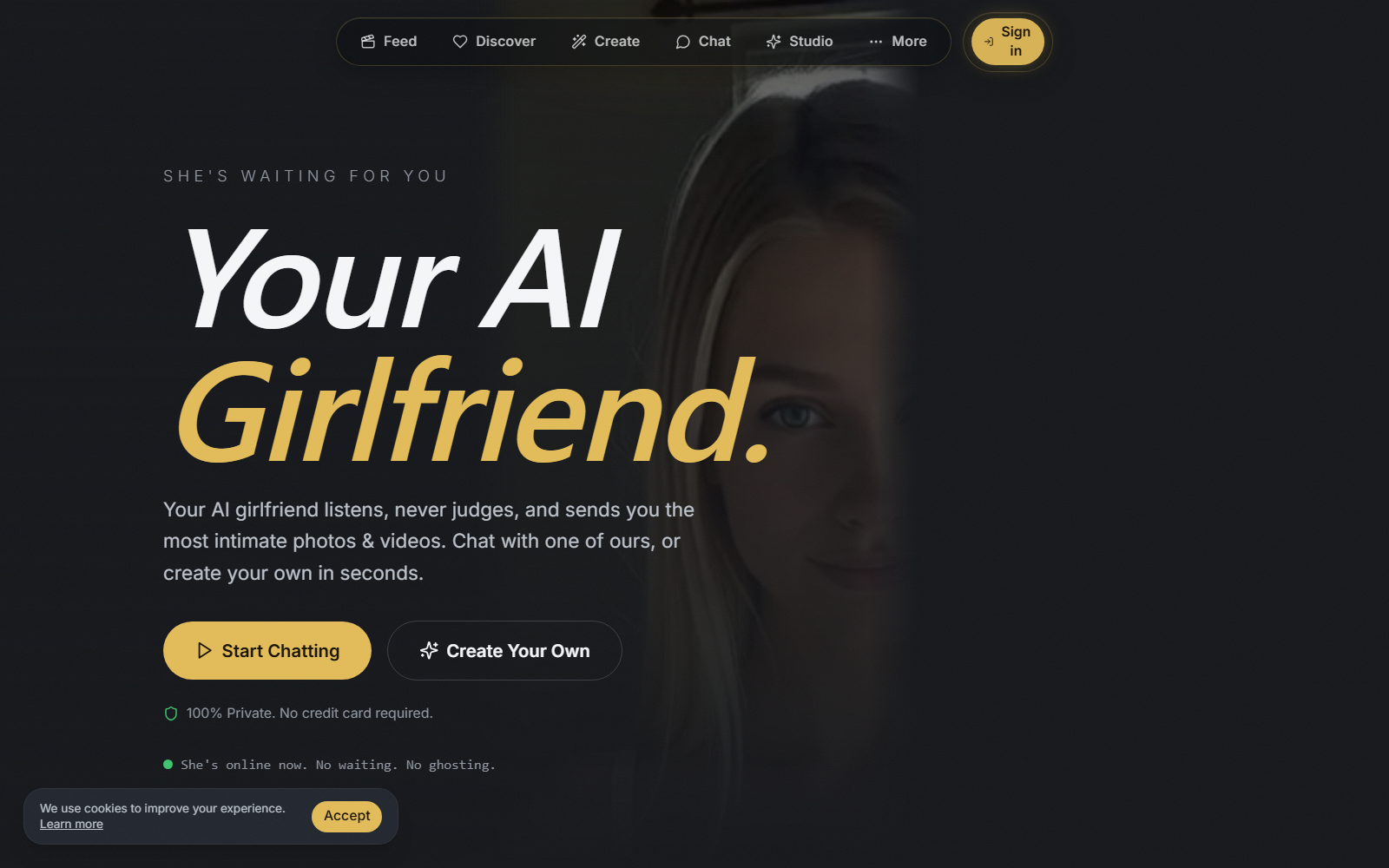 HeyGFの公式サイト画面。胸の露出と局部はモザイク。